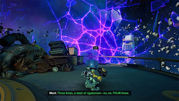 Dzięki zbadaniu platform niedaleko lądowiska znajdziecie pokazaną na obrazku kieszeń wymiarową - Ratchet & Clank Rift Apart: Chmura Szczątków Scarstu - znajdźki, lista, mapa - Ratchet & Clank Rift Apart - poradnik do gry