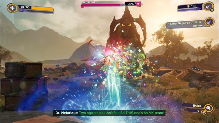 Po awansowaniu do trzeciej fazy walki musicie najpierw rozprawić się z Grunthorem, czyli przyzwanym przez Nefariousa mini-bossem - Ratchet & Clank Rift Apart: Doktor Nefarious, Arena, powrót - jak pokonać? - Ratchet & Clank Rift Apart - poradnik do gry