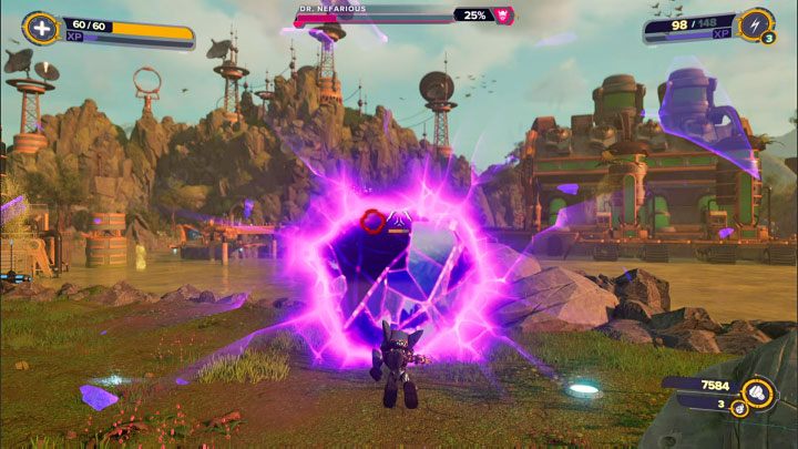 Nie zapominajcie o możliwości niszczenia okolicznych skrzynek po to żeby odnawiać zapasy zdrowia i amunicji - Ratchet & Clank Rift Apart: Doktor Nefarious, Arena, powrót - jak pokonać? - Ratchet & Clank Rift Apart - poradnik do gry