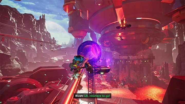 W pewnym momencie konieczne okaże się uderzenie w blizon po to żeby przenieść się do innego wymiaru, w którym ścieżka nie będzie się kończyła - Ratchet & Clank Rift Apart: Naprawienie anomalii i dotarcie do wiertła - solucja - Ratchet & Clank Rift Apart - poradnik do gry