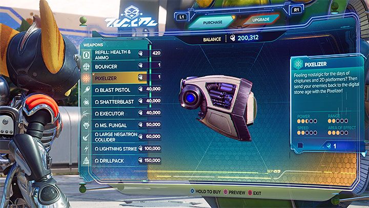 Pikselator jest dostępny wyłącznie w trybie wyzwań, czyli w trybie Nowej Gry Plus odblokowywanym po ukończeniu głównego wątku fabularnego - Ratchet & Clank Rift Apart: Bronie - lista - Ratchet & Clank Rift Apart - poradnik do gry