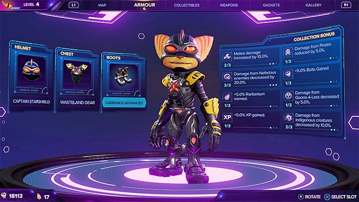 Aktualne premie z tytułu zgromadzonych kolekcji wyświetlane są w menu pancerzy - Ratchet & Clank Rift Apart: Premie do statystyk postaci - jak zdobyć? - Ratchet & Clank Rift Apart - poradnik do gry