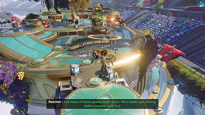 Po wylądowaniu na małej plaży bądźcie gotowi do stoczenia kolejnych walk i pamiętajcie o możliwości celowania w czerwone obiekty żeby w odpowiednich momentach je detonować - Ratchet & Clank Rift Apart: Parada - solucja, opis przejścia - Ratchet & Clank Rift Apart - poradnik do gry