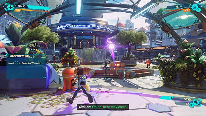 Tuż po dokonaniu pierwszego zakupu w okolicy pojawi się wrogi desantowiec, z którego wyskoczy grupa opryszków - Ratchet & Clank Rift Apart: Pościg za doktorem Nefariousem - solucja - Ratchet & Clank Rift Apart - poradnik do gry