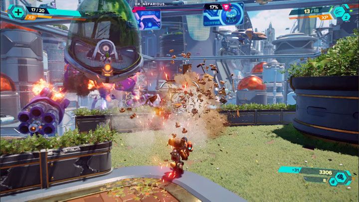 Jeśli odniesiecie obrażenia, to na arenie możecie odnajdywać skrzynki ze zdrowiem - Ratchet & Clank Rift Apart: Pościg za doktorem Nefariousem - solucja - Ratchet & Clank Rift Apart - poradnik do gry