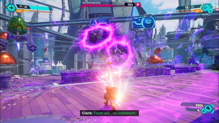 Za każdym razem gdy Nefarious otrzyma dostatecznie dużo obrażen oddali się od pola bitwy i wezwie posiłki, które dotrą w to miejsce przeskakując przez szczeliny - Ratchet & Clank Rift Apart: Pościg za doktorem Nefariousem - solucja - Ratchet & Clank Rift Apart - poradnik do gry