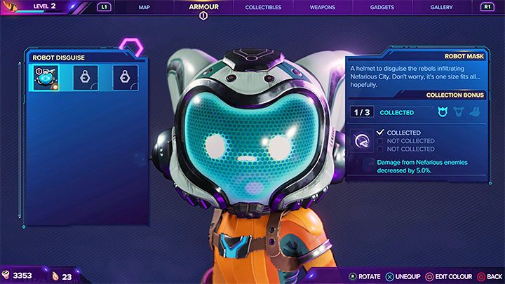 Na samym końcu ścieżki znajdziecie unikalny sekret - fragment pancerza (Hełm przebrania robota) - Ratchet & Clank Rift Apart: Odwiedziny w Klubie Nefarious - solucja - Ratchet & Clank Rift Apart - poradnik do gry