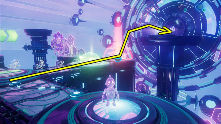 Dotrzyjcie do pokazanej na obrazku 1 bocznej płyty naciskowej żeby doprowadzić do tego, że projekcje zaczną biec na wprost - Ratchet & Clank Rift Apart: Zbadanie anomalii, kryjówka Rivet - solucja - Ratchet & Clank Rift Apart - poradnik do gry