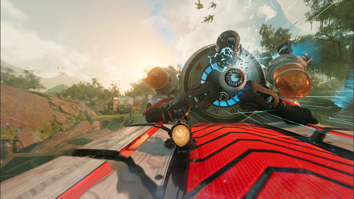 Po udanym lądowaniu nie puszczajcie przycisku dopalacza, tylko doprowadźcie do uderzenia z dużą siłą w okrągły stabilizator lotu zlokalizowany na samym końcu ścieżki z czerwonymi strzałkami - Ratchet & Clank Rift Apart: Pokonanie Troponogi i opuszczenie planety - solucja - Ratchet & Clank Rift Apart - poradnik do gry