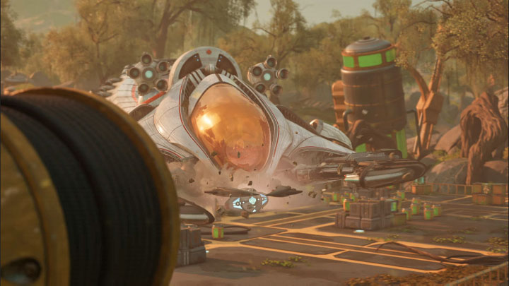 Udane trafienie w stabilizator lotu doprowadzi do wyświetlenia scenki przerywnikowej z awaryjnego lądowania troponogi - Ratchet & Clank Rift Apart: Pokonanie Troponogi i opuszczenie planety - solucja - Ratchet & Clank Rift Apart - poradnik do gry