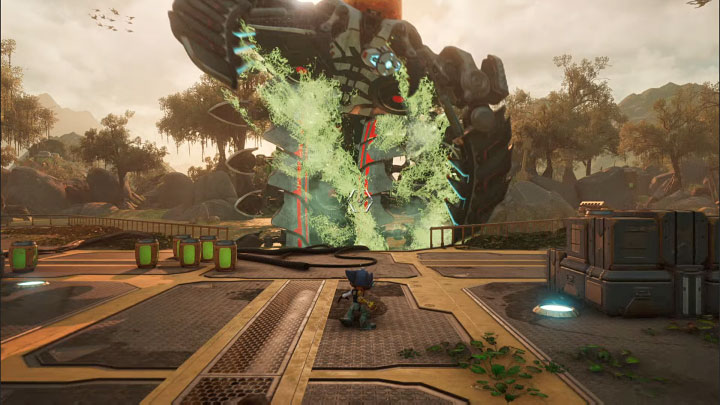 Właściwy pojedynek z Troponogą rozegrany zostanie na średniej wielkości metalowej platformie - Ratchet & Clank Rift Apart: Pokonanie Troponogi i opuszczenie planety - solucja - Ratchet & Clank Rift Apart - poradnik do gry