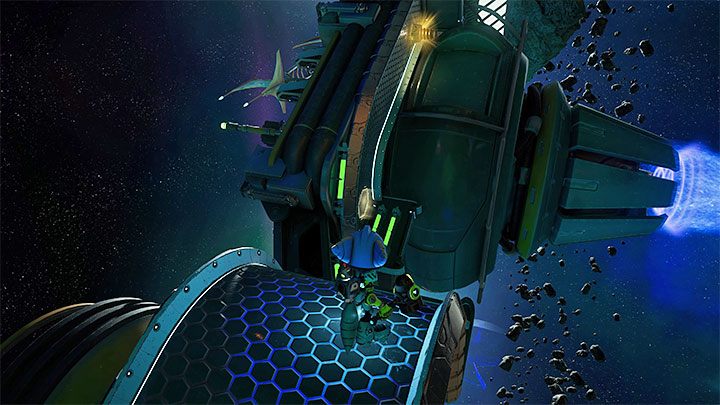 Chmura Szczątków Scarstu to pole asteroidów i po wylądowaniu na metalowej platformie w oddali zauważycie Gastropub, czyli lokację, do której docelowo musicie dotrzeć - Ratchet & Clank Rift Apart: Odnalezienie Zurkiego w Gastropubie - solucja - Ratchet & Clank Rift Apart - poradnik do gry