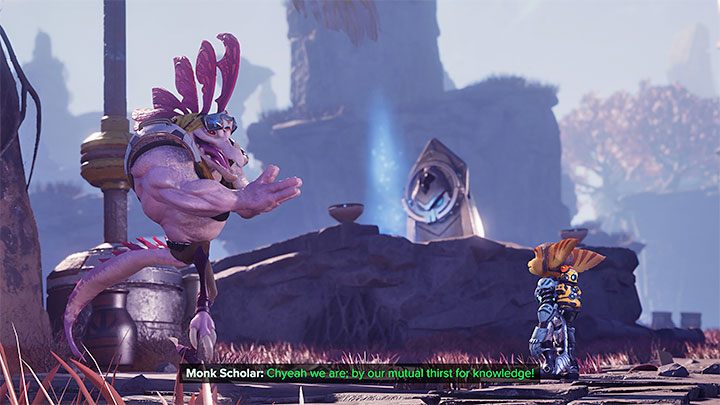 Odnajdywaniem kapliczek teoretycznie możecie zająć się od razu po dotarciu do głównej części pustkowi na planecie Savali, ale dla porządku warto spotkać się w małej wiosce z mnichem (Monk Scholar) - miejsce spotkania to niebieska kropka na mapie - Ratchet & Clank Rift Apart: Zdobycie wiedzy lombaków - solucja, kapliczki - Ratchet & Clank Rift Apart - poradnik do gry