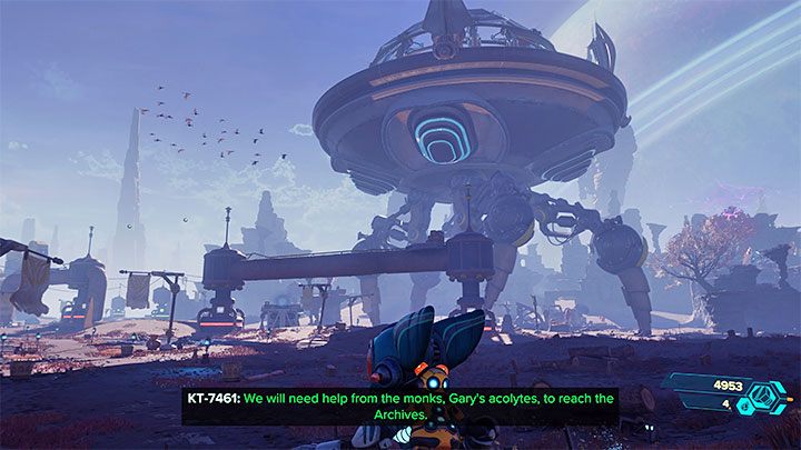 Po tym jak dzięki lotobutom dotrzecie po raz pierwszy do głównej części pustkowi na planecie Savali ustalicie, że w celu dostania się na pokład wielkiego chodzącego Archiwum musicie odwiedzić 3 różne świątynie i uwolnić przetrzymywanych w nich mnichów - Ratchet & Clank Rift Apart: Znalezienie schematów Wymiaromatu - solucja - Ratchet & Clank Rift Apart - poradnik do gry