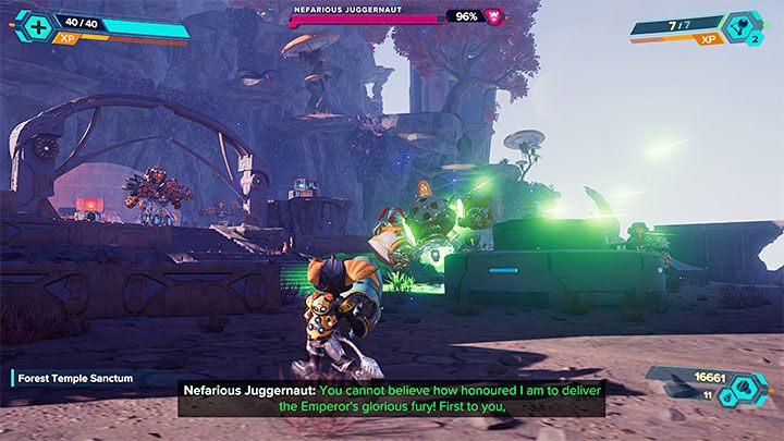 Spodziewajcie się tego, że w toku bitwy do walk dołączy mini-boss - Niszczyciel Nefariousa - Ratchet & Clank Rift Apart: Znalezienie schematów Wymiaromatu - solucja - Ratchet & Clank Rift Apart - poradnik do gry