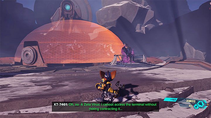 Po walkach zbliżcie się do konsoli sąsiadującej ze sferą, wewnątrz której więzieni są mnisi - Ratchet & Clank Rift Apart: Znalezienie schematów Wymiaromatu - solucja - Ratchet & Clank Rift Apart - poradnik do gry