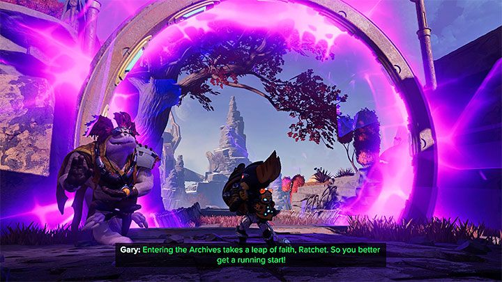 Jeżeli uwolniliście mnichów ze wszystkich 3 świątyń, to zostaniecie przetransportowani do miejsca porozmawiania z Garym - Ratchet & Clank Rift Apart: Znalezienie schematów Wymiaromatu - solucja - Ratchet & Clank Rift Apart - poradnik do gry
