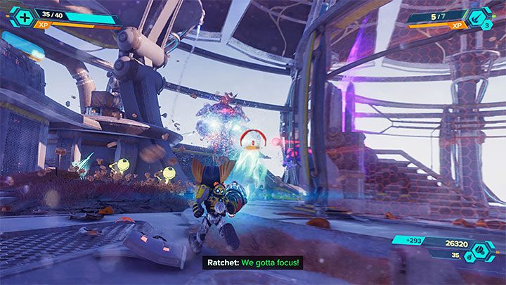 Liczcie się z tym, że od razu po znalezieniu się na pierwszej platformie mobilnego Archiwum konieczne będzie przystąpienie do walk z maszynami Nefariousa - Ratchet & Clank Rift Apart: Dostanie się do Archiwum - solucja - Ratchet & Clank Rift Apart - poradnik do gry