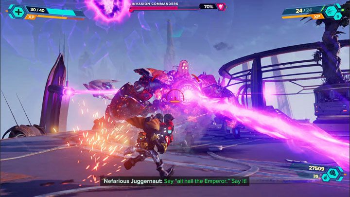 Podczas walk starajcie się szukać okazji do ostrzeliwania odsłoniętych rdzeni bossów zainstalowanych na ich klatkach piersiowych - Ratchet & Clank Rift Apart: Dostanie się do Archiwum - solucja - Ratchet & Clank Rift Apart - poradnik do gry