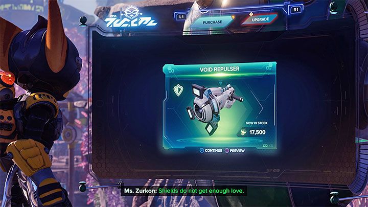 Po powrocie w pobliże statku kosmicznego warto zagadać do Pani Zurkon, gdyż w jej ofercie pojawiła się nowa broń - Odpieracz próżniowy za 17500 śrubek - Ratchet & Clank Rift Apart: Dostanie się do Archiwum - solucja - Ratchet & Clank Rift Apart - poradnik do gry