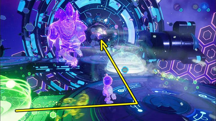 Dzięki poprawnemu rozmieszczeniu sfer klony rozbiją mur na ścieżce prowadzącej do meta-terminalu, a następnie zaczną uderzać bezpośrednio w wyjście i po chwili je odblokują - Ratchet & Clank Rift Apart: Clank, Blizar Prime - rozwiązania zagadek, lista - Ratchet & Clank Rift Apart - poradnik do gry