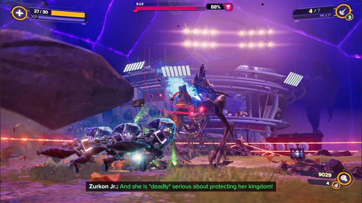 Nieumarły Grunthor jest w stanie ciskać wielkimi głazami - Ratchet & Clank Rift Apart: Sue, Chmura Szczątków Scarstu - jak pokonać? - Ratchet & Clank Rift Apart - poradnik do gry