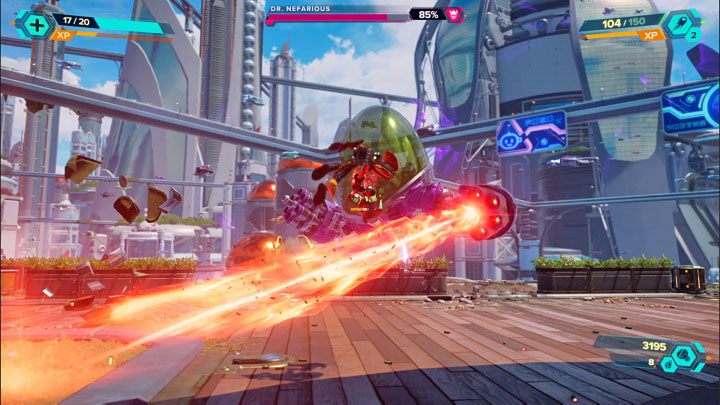 Najpoważniejszym atakiem Nefariousa jest strzelanie wielkim laserem, który początkowo przemieszcza się wyłącznie w linii poziomej - Ratchet & Clank Rift Apart: Doktor Nefarious, Prolog, Corson V - jak pokonać? - Ratchet & Clank Rift Apart - poradnik do gry