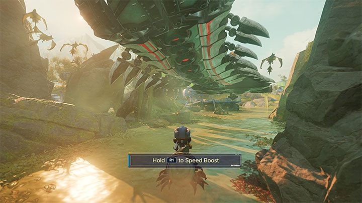 Zanim dojdzie do właściwego pojedynku z Troponogą musicie rozpocząć pościg za bossem z wykorzystaniem chyżuka - Ratchet & Clank Rift Apart: Troponoga, Sargasso - jak pokonać bossa? - Ratchet & Clank Rift Apart - poradnik do gry