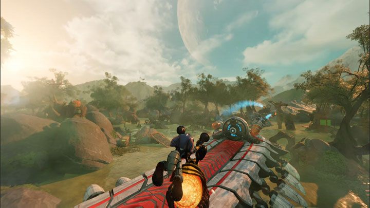 Po tym jak rozpocznie daleki lot nakierowujcie chyżaka na górną część troponogi po to żeby wylądować na bossie - Ratchet & Clank Rift Apart: Troponoga, Sargasso - jak pokonać bossa? - Ratchet & Clank Rift Apart - poradnik do gry