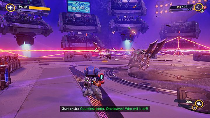 Po tym jak odblokowany zostanie terminal areny musicie wybrać z niego brązową kategorię walk i najpierw zdecydować się na rozegranie bitwy z podwładnymi Pierrea - Ratchet & Clank Rift Apart: Francois, Chmura Szczątków Scarstu - jak pokonać? - Ratchet & Clank Rift Apart - poradnik do gry