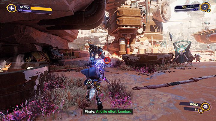 W trakcie rozgrywanych walk zauważcie, że niektórzy piraci korzystają z dużych tarcz i może to utrudniać ich poprawne eliminowanie - Ratchet & Clank Rift Apart: Znalezienie Naprawiacza i wyrzutnika - solucja - Ratchet & Clank Rift Apart - poradnik do gry