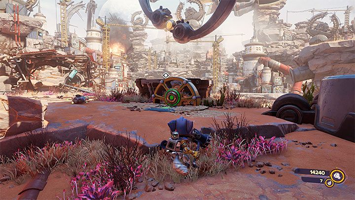 Po zakończonych walkach możecie pozbierać loot lub z okolicy lub od razu zainteresować się korbą z powyższego obrazka - Ratchet & Clank Rift Apart: Znalezienie Naprawiacza i wyrzutnika - solucja - Ratchet & Clank Rift Apart - poradnik do gry