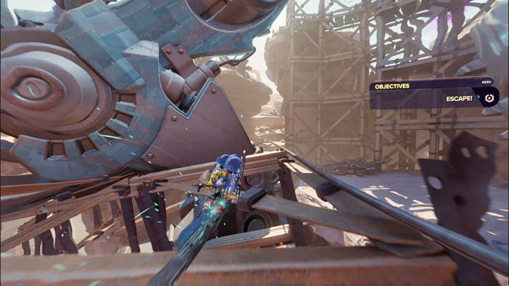 Ucieczkę przed wielką maszyną rozpoczniecie podróżując na szynie - Ratchet & Clank Rift Apart: Ucieczka przed Naprawiaczem - solucja - Ratchet & Clank Rift Apart - poradnik do gry