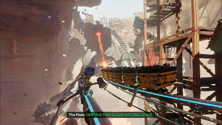 Naprawiacz w jednym z kolejnych obszarów rozpocznie atak laserowy, który wymierzony jest w lewą szynę - Ratchet & Clank Rift Apart: Ucieczka przed Naprawiaczem - solucja - Ratchet & Clank Rift Apart - poradnik do gry