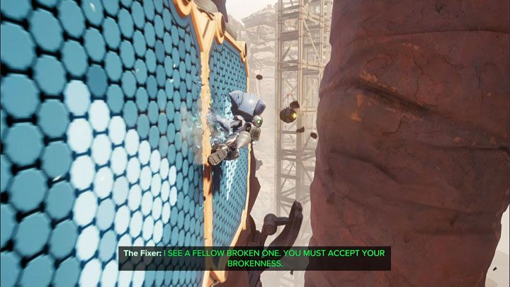 Już wkrótce ponownie trzeba będzie przebiec po ścianie, przy czym dodatkowo musicie złapać się zaczepu i użyć wyrzutnika - Ratchet & Clank Rift Apart: Ucieczka przed Naprawiaczem - solucja - Ratchet & Clank Rift Apart - poradnik do gry