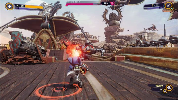 Wee Roger strzela minami i miejsca, w których mają one wylądować symbolizowane są czerwonymi znakami pojawiającymi się na ziemi - Ratchet & Clank Rift Apart: Zresetowanie Naprawiacza - solucja - Ratchet & Clank Rift Apart - poradnik do gry