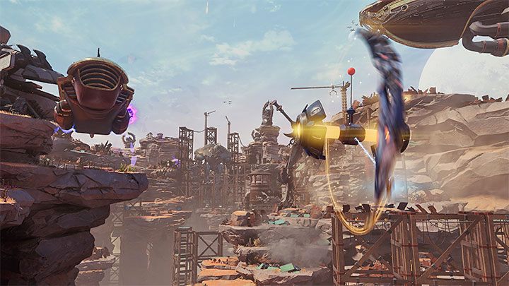 Musicie wyruszyć w stronę Naprawiacza i z racji odblokowania wyrzutnika możecie już skorzystać z zaczepu na wschód od wioski po to żeby katapultować się w stronę nowej wyspy - Ratchet & Clank Rift Apart: Zresetowanie Naprawiacza - solucja - Ratchet & Clank Rift Apart - poradnik do gry