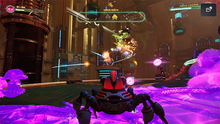 W okolicy docelowo pojawią się dwa dodatkowe gniazda do zniszczenia i jak najszybciej zajmijcie się tematem ich zniszczenia, gdyż w międzyczasie nieustannie będą przybywały nowe małe wirusy - Ratchet & Clank Rift Apart: Naprawienie kuźni - solucja - Ratchet & Clank Rift Apart - poradnik do gry