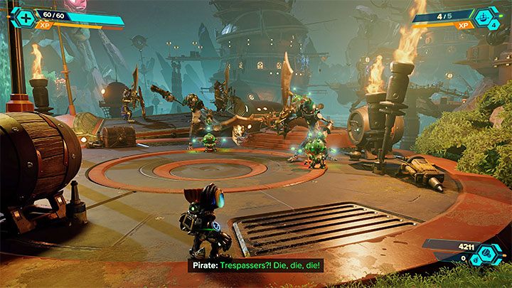 Musicie rozpocząć liniową przeprawę do centralnego obszaru i zakłada ona eliminowanie po drodze napotykanych zwykłych piratów - Ratchet & Clank Rift Apart: Uratowanie Pierrea Le Fer - solucja - Ratchet & Clank Rift Apart - poradnik do gry
