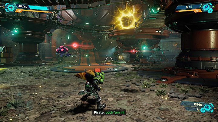 Wyruszcie dalej w stronę północnego obszaru, w którym do rozegrania jest nieco większa bitwa z piratami - Ratchet & Clank Rift Apart: Uratowanie Pierrea Le Fer - solucja - Ratchet & Clank Rift Apart - poradnik do gry