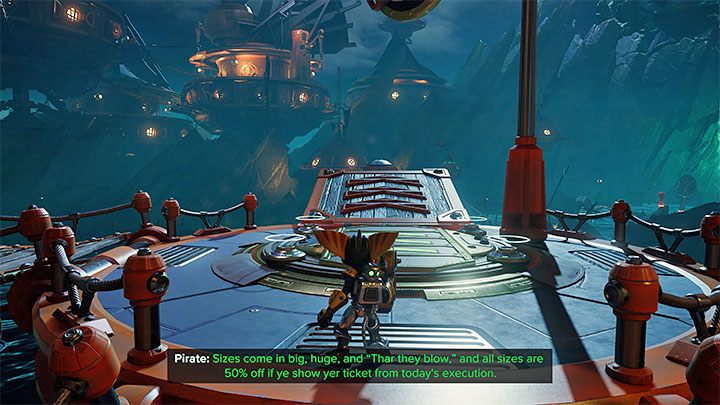 Zmagania musicie rozpocząć na okrągłej platformie gdzie w początkowej części misji doprowadziliście do uratowania Pierrea Le Fer - omówiliśmy to na pierwszej stronie opisu przejścia Ardolis - Ratchet & Clank Rift Apart: Zaliczenie pirackich prób - solucja - Ratchet & Clank Rift Apart - poradnik do gry