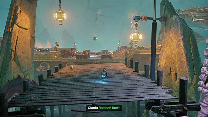 Wyruszcie na południowy-zachód, przebiegając po molo zanim się całkowicie zawali - Ratchet & Clank Rift Apart: Zaliczenie pirackich prób - solucja - Ratchet & Clank Rift Apart - poradnik do gry