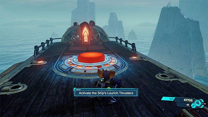 Po wygranej bitwie wyruszcie w stronę dużego czerwonego przycisku znajdującego się w przedniej części statku - Ratchet & Clank Rift Apart: Ochranianie Kapitana Quantum - solucja - Ratchet & Clank Rift Apart - poradnik do gry