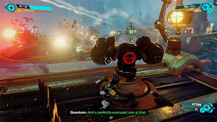 Kolejny cel misji otrzymacie po tym jak pojawi się większy wrogi statek, który zacznie strzelać dużą niebieską wiązką Plunder Beam - Ratchet & Clank Rift Apart: Ochranianie Kapitana Quantum - solucja - Ratchet & Clank Rift Apart - poradnik do gry
