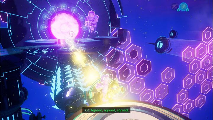 Elektrycznej sfery użyjcie od razu na lewym slocie i dotknijcie kabla żeby Kit została przetransportowana do dalszej części lokacji - Ratchet & Clank Rift Apart: Ochrona Mortów i uwolnienie Troponogi - solucja - Ratchet & Clank Rift Apart - poradnik do gry