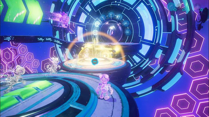 Jako że nie ruszaliście elektrycznej sfery reszta zagadki powinna się już automatycznie zaliczyć - projekcje zostaną przemieszczone po kablu i zaczną uderzać w meta-terminal odblokowując wyjście - Ratchet & Clank Rift Apart: Ochrona Mortów i uwolnienie Troponogi - solucja - Ratchet & Clank Rift Apart - poradnik do gry