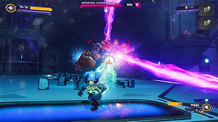 Po wyeliminowaniu dostatecznie dużej liczby zwykłych wrogów pojawi się nowy mini-boss - niszczyciel Nefariousa (Nefarious Juggernaut) - Ratchet & Clank Rift Apart: Dotarcie do archiwów i uruchomienie maszyn - solucja - Ratchet & Clank Rift Apart - poradnik do gry