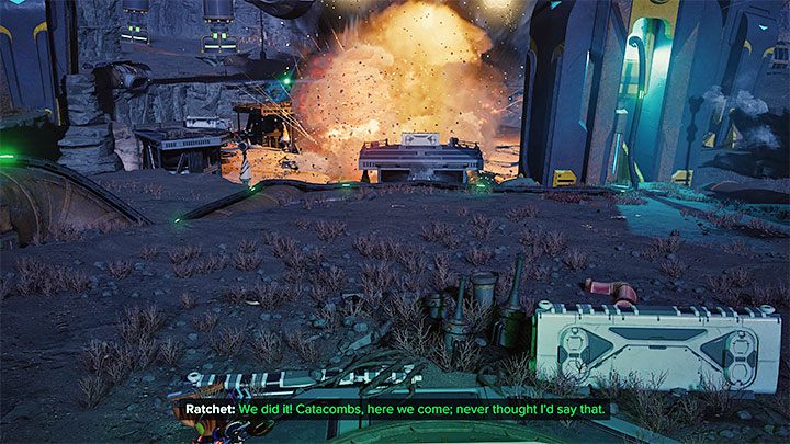 Wciśnięcie płyt naciskowych we wszystkich 3 lokacjach doprowadzi do eksplozji - Ratchet & Clank Rift Apart: Dotarcie do archiwów i uruchomienie maszyn - solucja - Ratchet & Clank Rift Apart - poradnik do gry