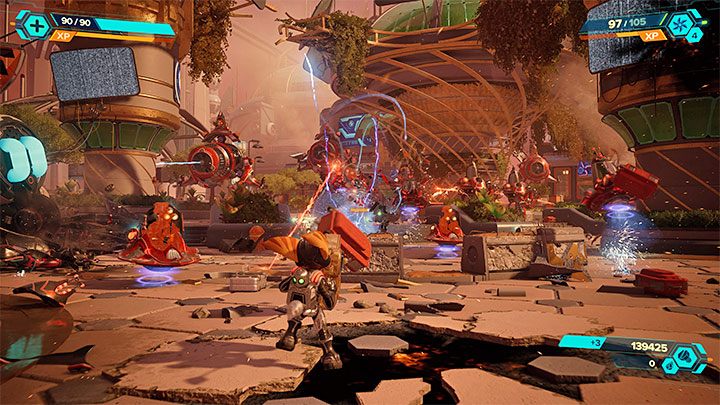 Skorzystajcie ze śmigła żeby bezpiecznie wylądować na niższej półce i wyruszcie dalej - Ratchet & Clank Rift Apart: Rozpoczęcie finału i pokonanie imperatora - solucja - Ratchet & Clank Rift Apart - poradnik do gry