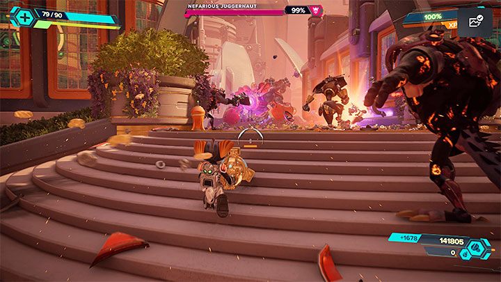 Po wyeliminowaniu zwykłych wrogów pojawi się mini-boss - Niszczyciel Juggernauta - Ratchet & Clank Rift Apart: Rozpoczęcie finału i pokonanie imperatora - solucja - Ratchet & Clank Rift Apart - poradnik do gry